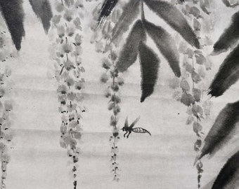 Peinture asiatique à l'encre, Lavis, Sumi-e Japonais, magnifique composition d'une glycine son oiseau et son abeille.