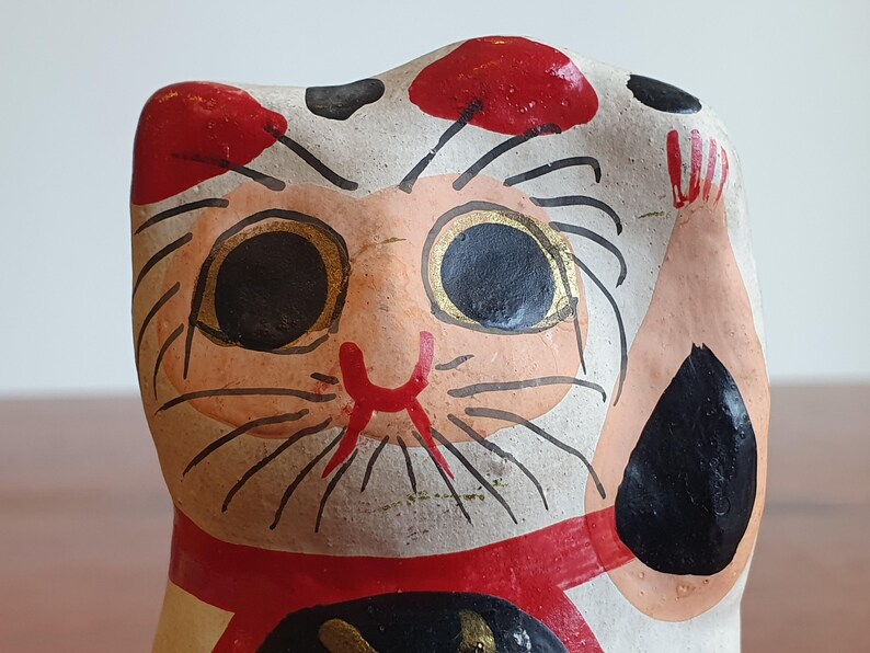 Japanese Folk Toy, Manekineko, Papiermâché Lucky Cat and Ceramic