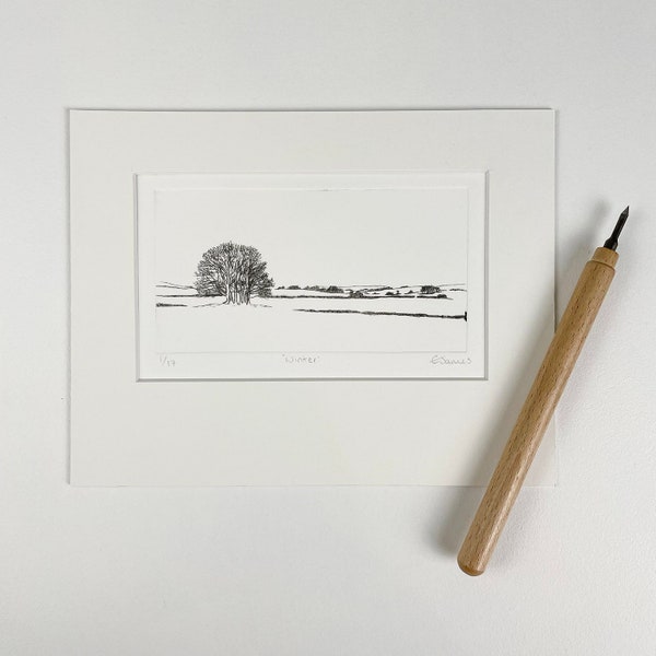 Winter landscape print, black ink drypoint etching print featuring a Yorkshire landscape, small wall art print for home decor, landscape art