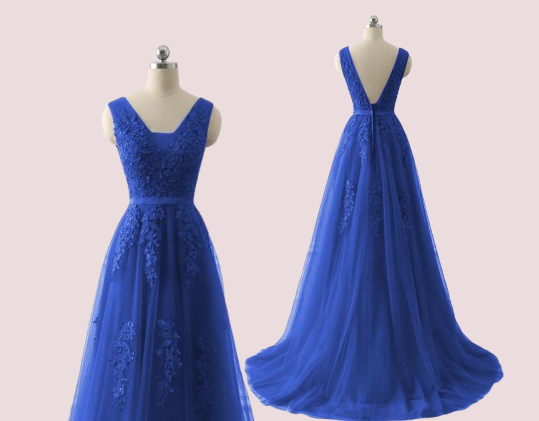 Royal Blue Party Dresses Embroidered Lace V Neck Lace Prom Etsy