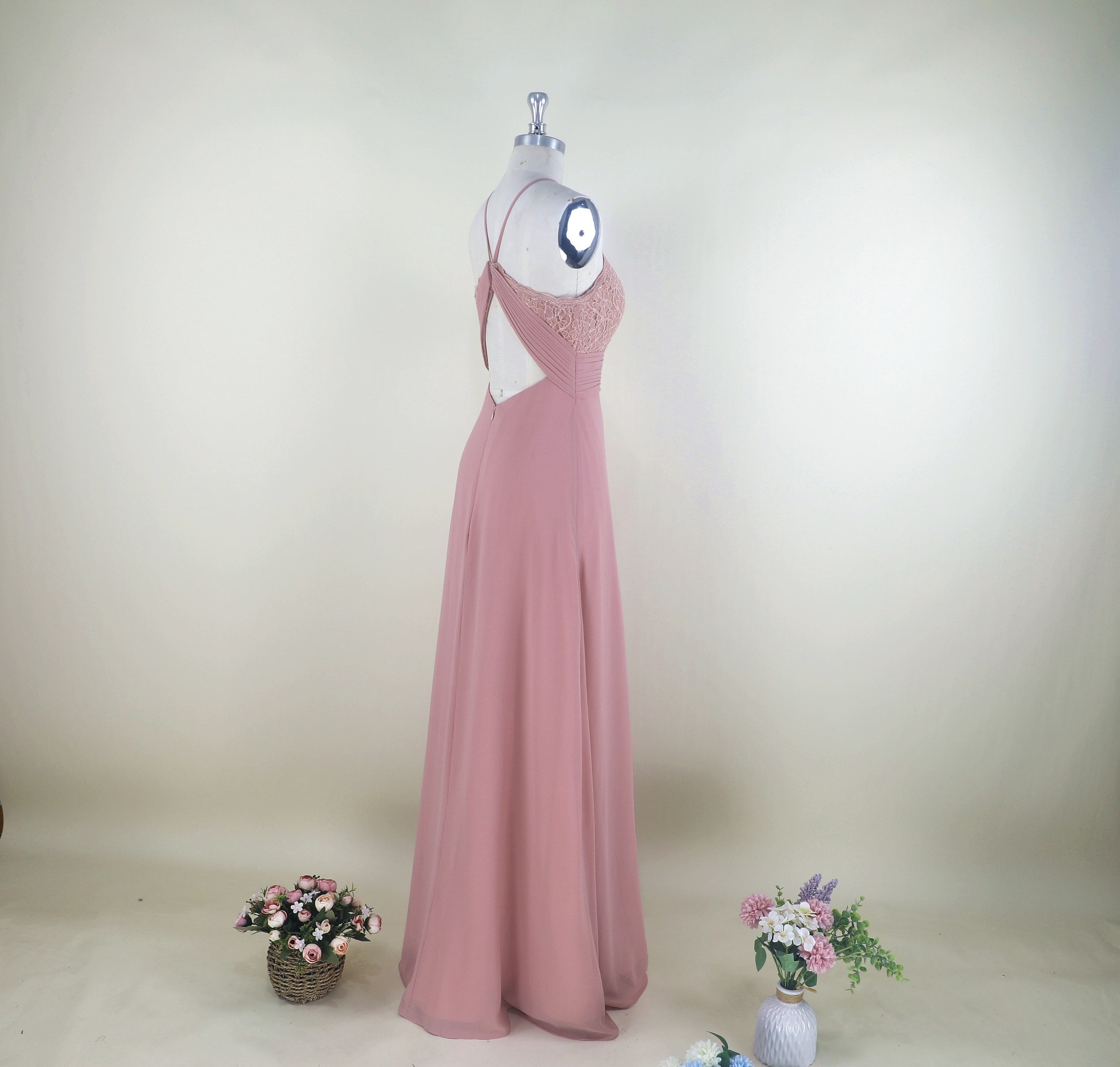 Dusty Rose Coffion Lace A-line Halter Floor-length Bridesmaid Dress ...