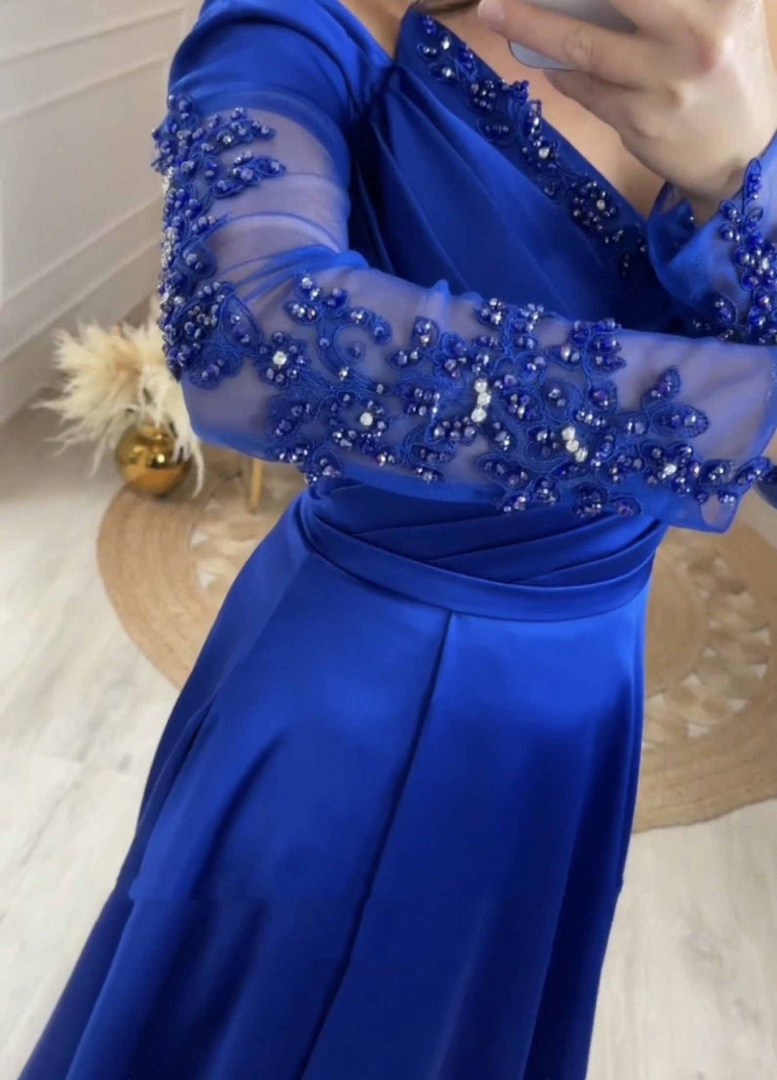 Off-the-Shoulder Evening Gown with Beaded Sweetheart Neckline Royal Blue