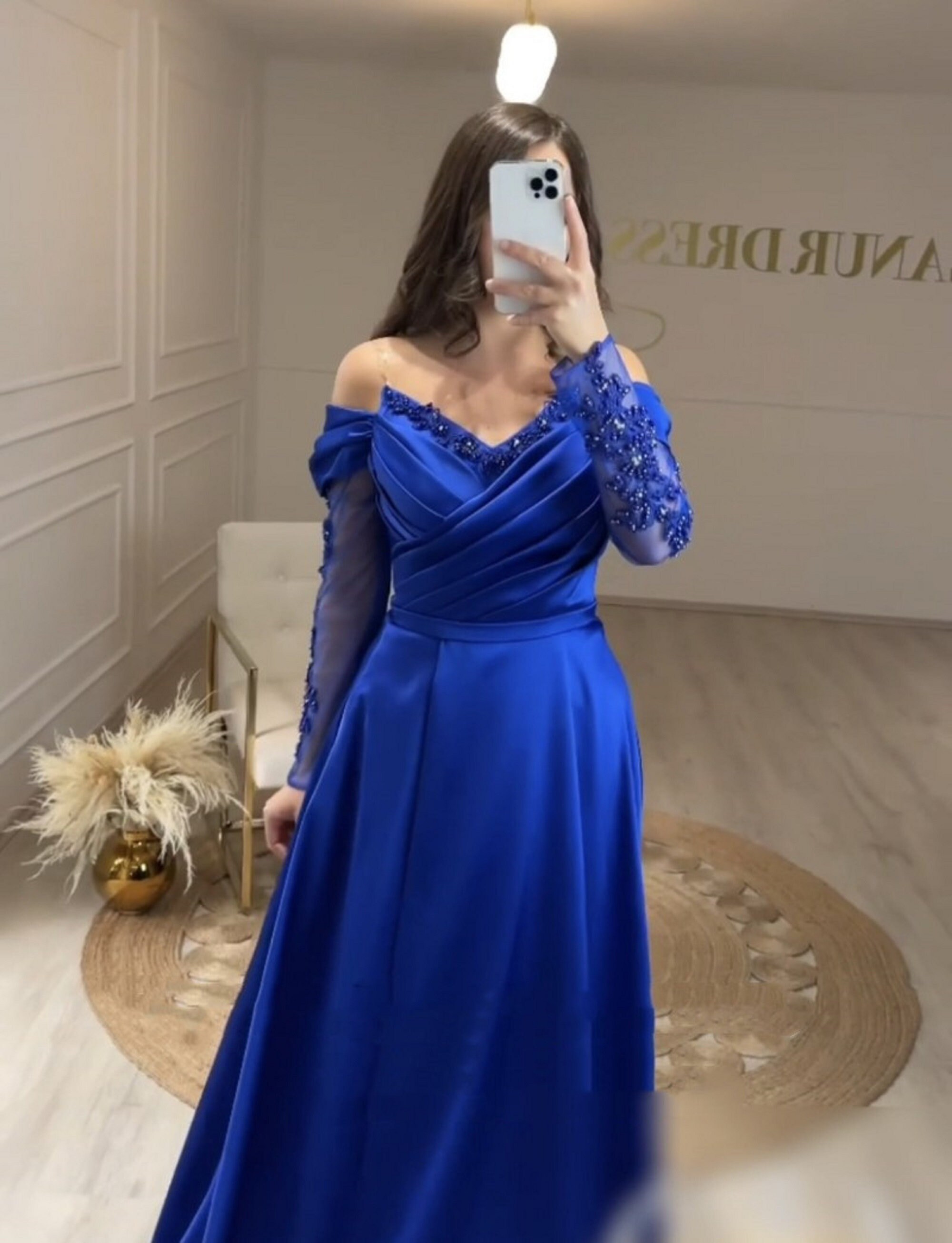 Royal Blue Formal Dresses Off the Shoulder Straps Bodice Zip Back Formal Dresses with Slit