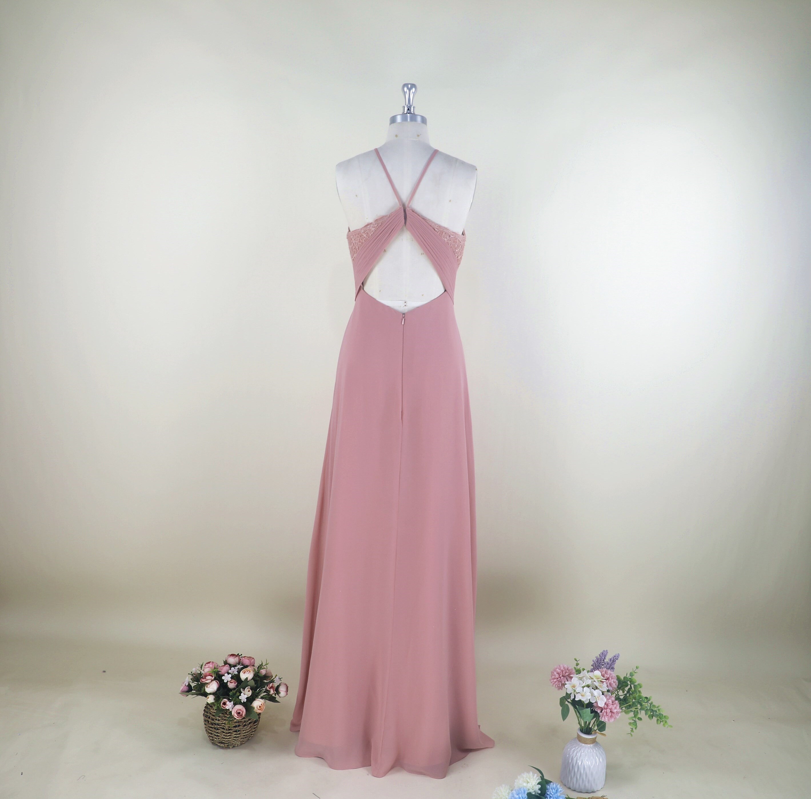 Dusty Rose Coffion Lace A-line Halter Floor-length Bridesmaid Dress ...