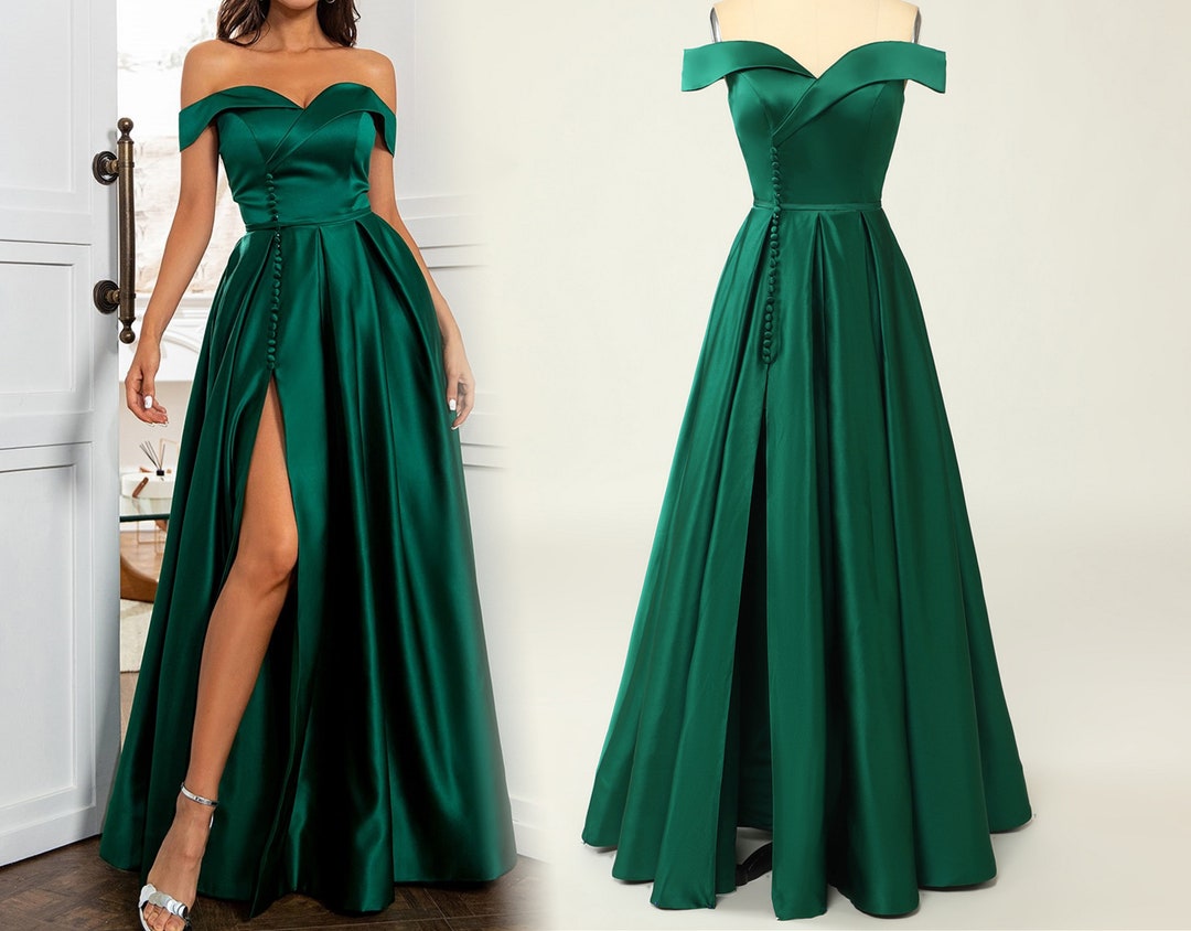 Dark Green Satin Prom Gown off the Shoulder Evening Dress A-line Floor ...