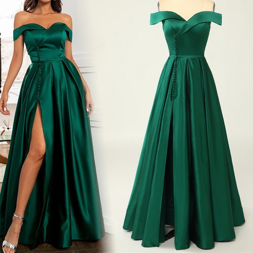 Dark Green Satin Prom Gown off the Shoulder Evening Dress - Etsy