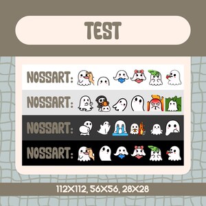 May include: Four rows of ghost emojis with different expressions and accessories. The emojis are in various sizes, with the largest being 112x112 pixels, the medium being 56x56 pixels, and the smallest being 28x28 pixels. The text "NOSSART" appears above each row of emojis.