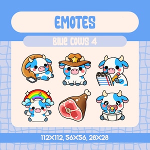 6 Kawaii Blue Cow Emotes Pack for Twitch and Discord Streamers, Cute Cow Emote Set with Rainbow Baby Sheriff Meat and Cozy Vibes