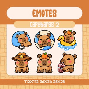 6 Kawaii Capybara Emotes Pack for Twitch and Discord, Cute Capybara Reaction Emote Set with Floaties, Bubble Tea, Orange and Cozy Stream Fun