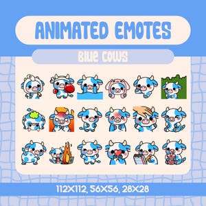 18 Kawaii Animated Blue Cow Emotes For Twitch And Discord, Cute And Funny Streamer Emote Pack With Reactions For Cozy Live Chat Moments