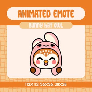 Cute Bunny Hat Owl Animated Emote for Twitch or Discord, Kawaii Blushing Owl Wearing Pink Rabbit Hoodie for Streamers and Gamers