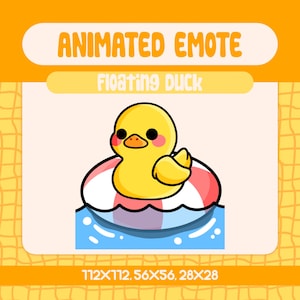 May include: Animated emote featuring a yellow cartoon duck with a pink blush, floating on a red and white inner tube in blue water. The text "Floating Duck" is displayed. The image dimensions are 112x112, 56x56, and 28x28.