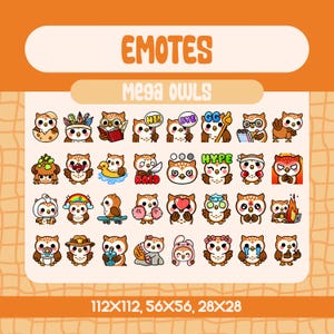 Paquete de 32 megaemoticones de búho para streamers de Twitch y Discord. Un adorable conjunto de emoticones de pájaro kawaii con un divertido búho de lectura, un jugador acogedor y reacciones.