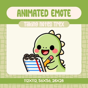 Kawaii Robienie Notatek Trex Emote dla Twitch i Discord, Słodka Reakcja Dinozaura Emote z Notatnikiem i Ołówkiem, Idealna do Nauki lub Wykładu