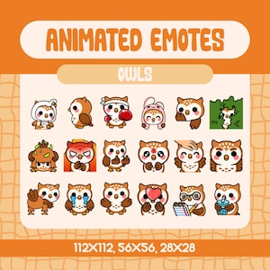 18 adorables emoticones animados de búho marrón para Twitch, un acogedor conjunto de emoticones de búho de reacción para streamers y Discord, un divertido paquete de pájaros animados.