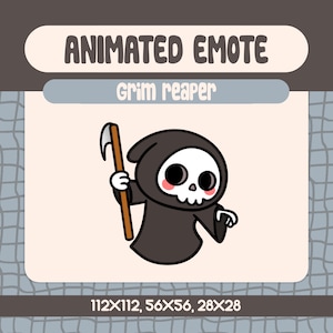 Puede incluir: Ilustración de un personaje de la Muerte de dibujos animados, con una túnica con capucha negra y una guadaña. El texto "ANIMATED EMOTE" y "Grim reaper" se muestra. Ideal para emotes animados.