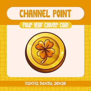 Kawaii Golden Four Leaf Clover Coin Channel Point Icon for Twitch, Adorable Shamrock Emote for Streamers, Lucky Reward Icon