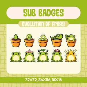 Subbadges kawaii kikker voor streamers, Evolution Of Frog Twitch-subbadgeset met pot en gouden kikker, leuke ontwerpen voor loyale abonnees