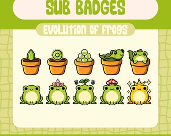 Kawaii Frog Sub Badges For Streamers, Evolution Of Frog Twitch Sub Badge Set With Pot And Golden Frog, Cute Designs For Loyal Subscribers