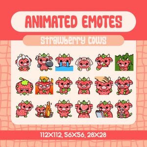18 Animated Strawberry Cow Emotes For Twitch And Discord, Cute Fruit Cow Emote Set For Cozy Streams, Reactions And Funny Chat Moments
