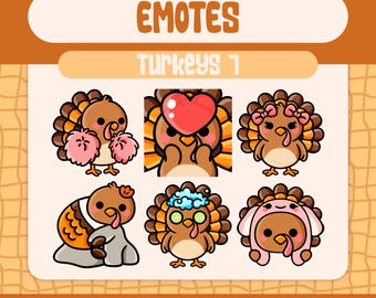 6 Kawaii Turkey Emotes Pack for Twitch and Discord, Cute Thanksgiving Reaction Emote Set with Bunny Hat, Spa, Pom Poms and Cozy Turkey Faces