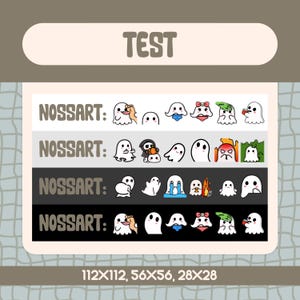 May include: Four rows of ghost emojis with different expressions and accessories. The emojis are in various sizes, with the largest being 112x112 pixels, the medium being 56x56 pixels, and the smallest being 28x28 pixels. The text "NOSSART" appears to the left of each row of emojis.