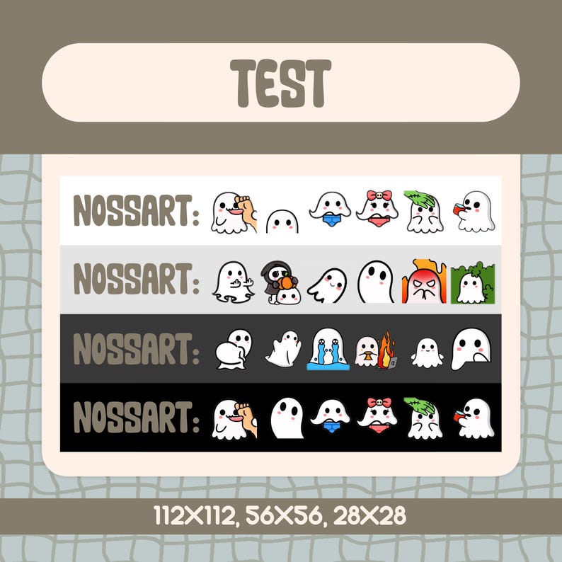 May include: Four rows of ghost emojis with different expressions and accessories. The emojis are in various sizes, with the largest being 112x112 pixels, the medium being 56x56 pixels, and the smallest being 28x28 pixels. The text "NOSSART" appears to the left of each row of emojis.