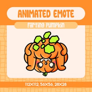 Peut inclure: Une citrouille orange de dessin animé avec un nuage de gaz vert, intitulée "Farting Pumpkin". L'image est une émoticône animée, avec des tailles de 112x112, 56x56 et 28x28. La citrouille a un visage souriant et est placée sur un fond orange clair.