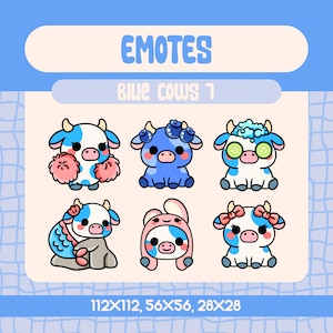 6 Kawaii Blue Cow Emotes Pack for Twitch and Discord Streamers, Cute Cow Emote Set with Cheer Spa Mermaid Bunny and Girly Vibes