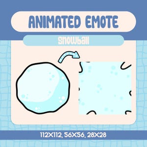 Puede incluir: Diseño de emote animado con una bola de nieve azul claro con un contorno negro. La imagen incluye el texto "ANIMATED EMOTE" y "snowball". El diseño también muestra el emote en diferentes tamaños: 112x112, 56x56 y 28x28 píxeles.