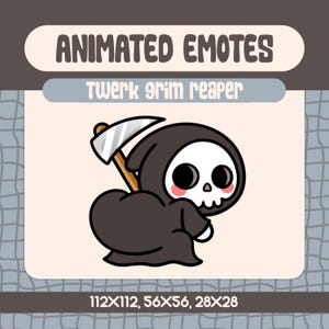 Twerk Grim Reaper-geanimeerde Twitch-emote, griezelige en leuke schedel-emote voor streamers, perfect om Halloween-sferen aan je streams toe te voegen