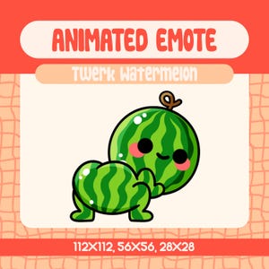 Può includere: Un'emote animata con un cartone animato di anguria con un motivo a strisce verdi e bianche. Il testo "ANIMATED EMOTE" è in alto, con "Twerk Watermelon" sotto. L'immagine include le dimensioni: 112x112, 56x56 e 28x28.