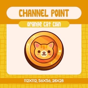 Kawaii Orange Cat Coin Channel Point Icon for Twitch, Adorable Coin Emote for Streamers, Cute Feline Reward