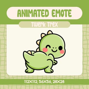 Peut inclure: Emoji animé d'un dinosaure vert qui fait du twerk, avec un clin d'œil et un sourire. L'emoji est intitulé "Twerk Trex".