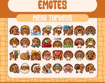 32 Mega Kawaii Turkey Emotes Pack for Twitch and Discord, Funny Thanksgiving Reaction Emote Set with Cozy Stream Faces, Signs and Meme Rage