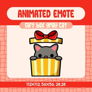 Könnte beinhalten: Cartoon-Illustration einer grauen Katze, die aus einer gelben Geschenkbox mit vertikalen Streifen hervorkommt. Die Box ist mit einer roten Schleife versehen. Der Text "ANIMATED EMOTE" und "Gift box gray cat" ist über dem Bild zu sehen.
