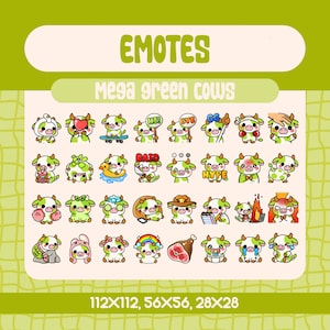 32 Kawaii Green Cow Emotes for Twitch and Discord Streamers, Ultimate Cute Cow Emote Bundle with Cozy Reactions Food and Text Signs