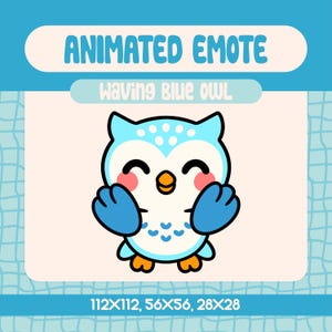 Kawaii Blue Owl Waving Animated Emote for Twitch, Cute Hello Bird Emote for Streamers and Discord, Friendly Owl Greeting Moment
