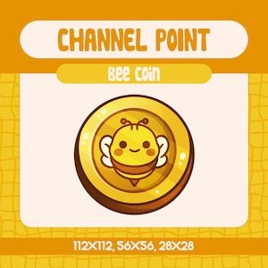 Könnte beinhalten: Eine goldene Münze mit einem Cartoon-Bienendesign. Die Biene ist gelb mit schwarzen Streifen und hat ein lächelndes Gesicht. Die Münze trägt den Text "Bee coin". Das Bild enthält auch den Text "CHANNEL POINT" und "112×112, 56×56, 28×28".