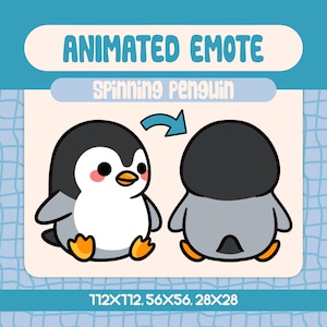 May include: An animated emote featuring a cartoon penguin in two views, front and back, with a spinning arrow. The penguin has a black head and back, gray body, and orange feet and beak. Text reads "Animated Emote" and "Spinning Penguin".