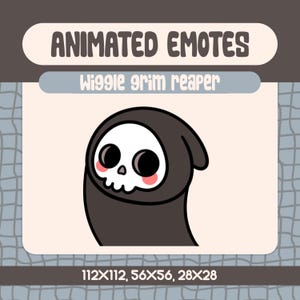 Wiggle Nederland Grim Reaper geanimeerde twitch-emote, griezelige en leuke schedel-emote voor streamers, perfect voor streams met Halloween- en horrorthema