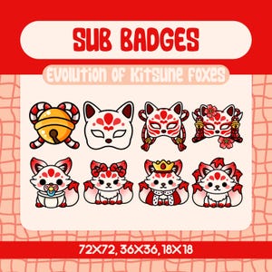 Kawaii Kitsune Fox Evolution Sub Badges for Twitch, Cute Japanese Fox Growth Badge Set, Mask to Royal Fox Twitch Subscriber Badges