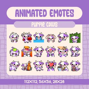 18 Kawaii Animated Purple Cow Emotes For Twitch And Discord, Cute And Funny Cow Emote Pack For Cozy Reactions And Streamer Chat Moments