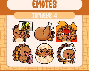 6 Kawaii Turkey Emotes Pack for Twitch and Discord, Funny Thanksgiving Reaction Emote Set with Boba Drink, Eat Tofu, Hatchling and Rage