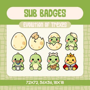 以下が含まれることがあります： 赤ちゃん恐竜の進化を卵から王様まで描いた8つの漫画バッジのセット。バッジには「サブバッジ：トレックスの進化」と表示され、72x72、36x36、18x18のサイズが含まれています。