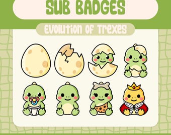 Kawaii Trex Evolution Sub Badges, Dino Twitch Badges (Digital Download)
