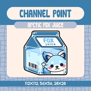 Peut inclure: Illustration de dessin animé d'une boîte de jus bleu clair avec un mignon renard arctique. La boîte contient le texte "FOX juice" et "CHANNEL POINT Arctic FOX Juice". L'image comprend également les dimensions 112x112, 56x56 et 28x28.