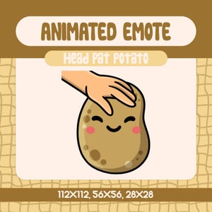 Può includere: Un'illustrazione di cartone animato di una patata marrone con un viso sorridente che viene accarezzata sulla testa da una mano. Il testo "Head Pat Potato" è sopra l'immagine. Il testo "112x112, 56x56, 28x28" è sotto l'immagine.