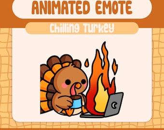 Kawaii Chilling Turkey Emote for Twitch and Discord, Funny Relaxed Turkey with Fire Mug Scene, Cozy Thanksgiving Stream Reaction Emote