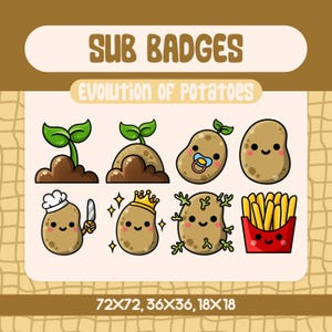 Puede incluir: Un conjunto de nueve insignias de patatas de dibujos animados que muestran la evolución de una patata desde un brote hasta las patatas fritas. Las insignias están etiquetadas como "Sub Badges: Evolution of Potatoes".